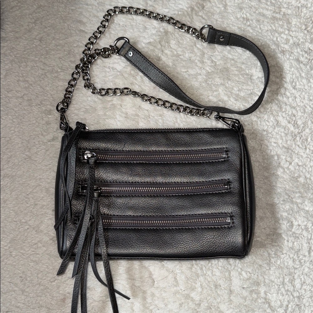 NWOT Danier Leather Charcoal Grey Chain Strap Crossbody 3 Zipper Bag